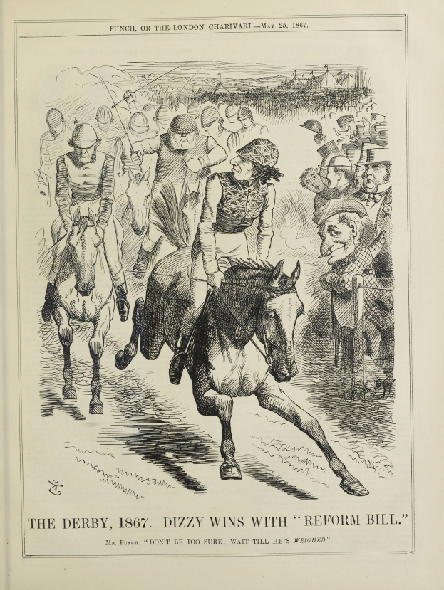 Buchumschlag mit einer gescheckten Stute mit weißer Blesse und schwarzer Mähne, geritten von einem Jockey in einem blauen und weißen gestreiftem Hemd und roter Mütze, mit Text "Derby, 1867, Dizzy Wins mit Reform Bill".