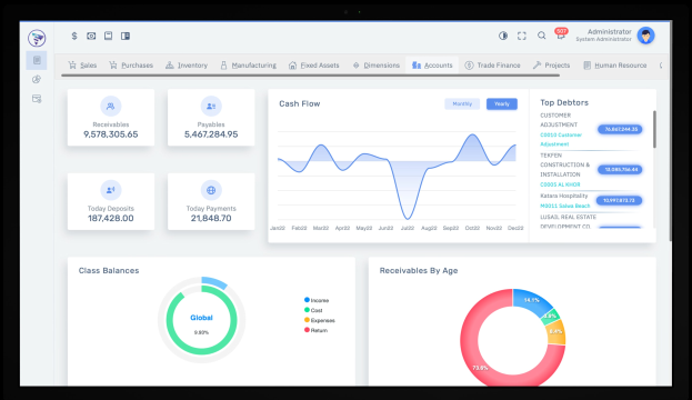 Laptop-Bildschirm mit einer Finanzmanagement-Dashboard mit Graphen und Text auf einem weißen Hintergrund mit einem blauen Header.