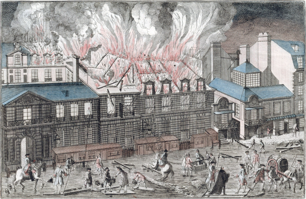 Gemälde einer Stadtstraße mit einem Feuer in der Mitte, umgeben von Gebäuden, Menschen, Pferden, Karren und einem Himmel, mit Text unten.