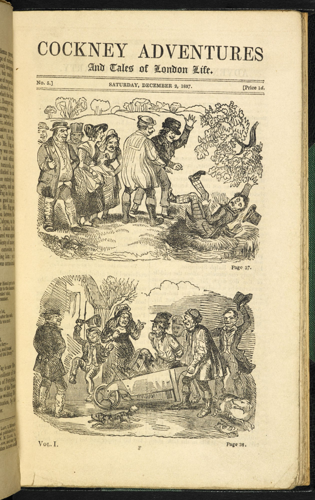 Offenes Buch mit einer Zeichnung von verschiedenen Menschen auf einer Seite, das auf einer flachen Oberfläche mit sichtbarem Text liegt.