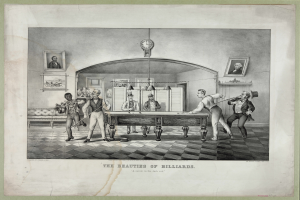 Eine Gruppe von Menschen, die Billiards in einem Raum mit Fotorahmen und einer Uhr an der Wand spielen, mit dem Text "Die Schönheiten des Billiards" unten.