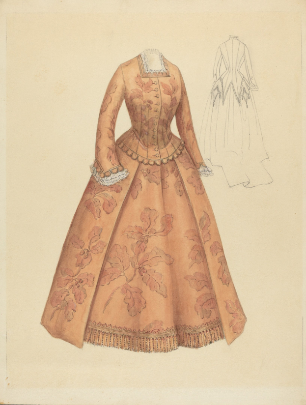 Eine Zeichnung eines Kostümdesigns aus dem 18. Jahrhundert mit einem langen Kleid mit hohem Kragen, einem floral gemusterten Mieder in Rosa, Lila und Blau und einem Spitzenbesatz an der Schleppe.