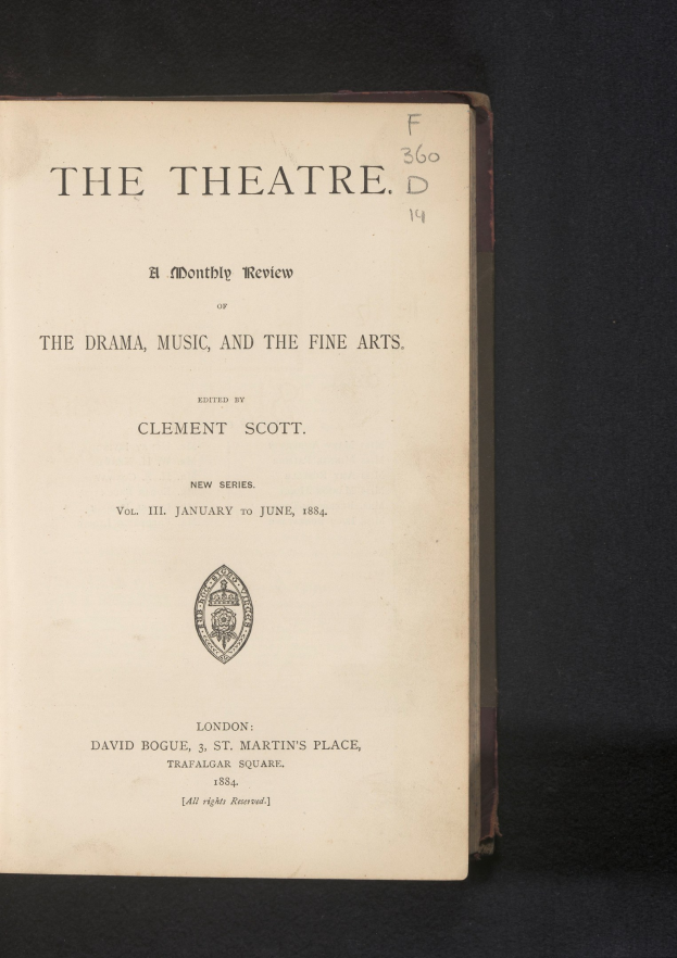 Offenes Buch mit dem Titel "The Theatre: A Monthly Review of the Drama, Music, and the Fine Arts" mit einer Seite mit Text und einem Logo.