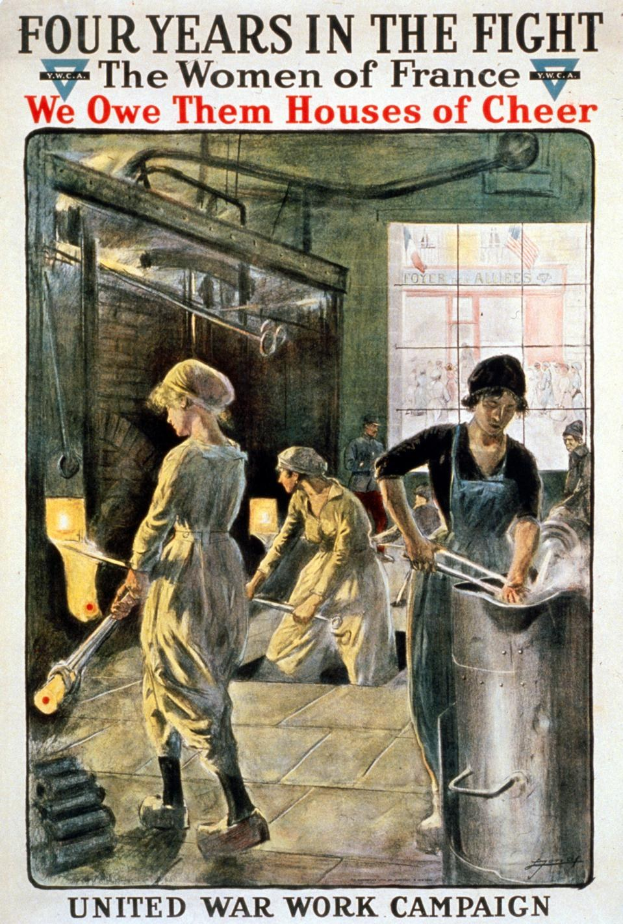 Plakat mit vier uniformierten Frauen in einer Fabrik, die metallene Gegenstände halten, mit der Aufschrift "Vier Jahre im Kampf: Den Frauen Frankreichs schulden wir Häuser der Freude."
