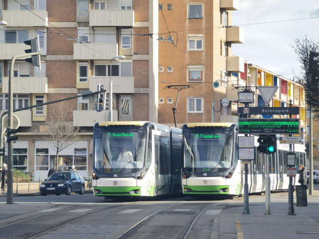 Zwei grüne und weiße Straßenbahnen auf einer Stadtstraße mit hohen Gebäuden, Fahrzeugen, Fußgängern, Ampeln und Bäumen unter einem bewölkten Himmel.