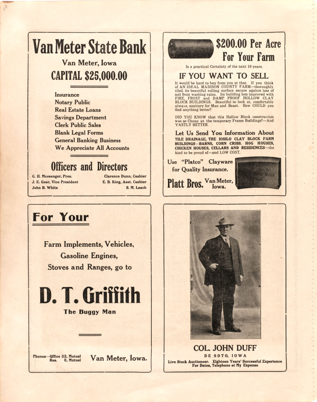 Eine alte Werbung für die Van Meter State Bank mit einem Mann in Anzug und Hut, mit Text, der die Dienstleistungen der Bank anpreist.