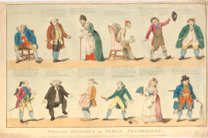 Ein Blatt mit Fotos von Menschen und handschriftlichen Notizen, die öffentliche Meinungen zu Verfahren zusammenfassen.