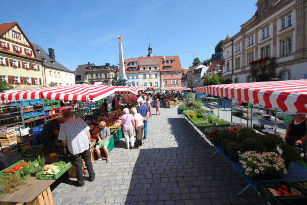 Ein belebter Markt im alten Stadtzentrum von Heidelberg mit Menschen, die gehen, sitzen und stehen, unter Zelten, Gemüsekörben auf Tischen und Gebäuden mit Bäumen unter einem klaren blauen Himmel.