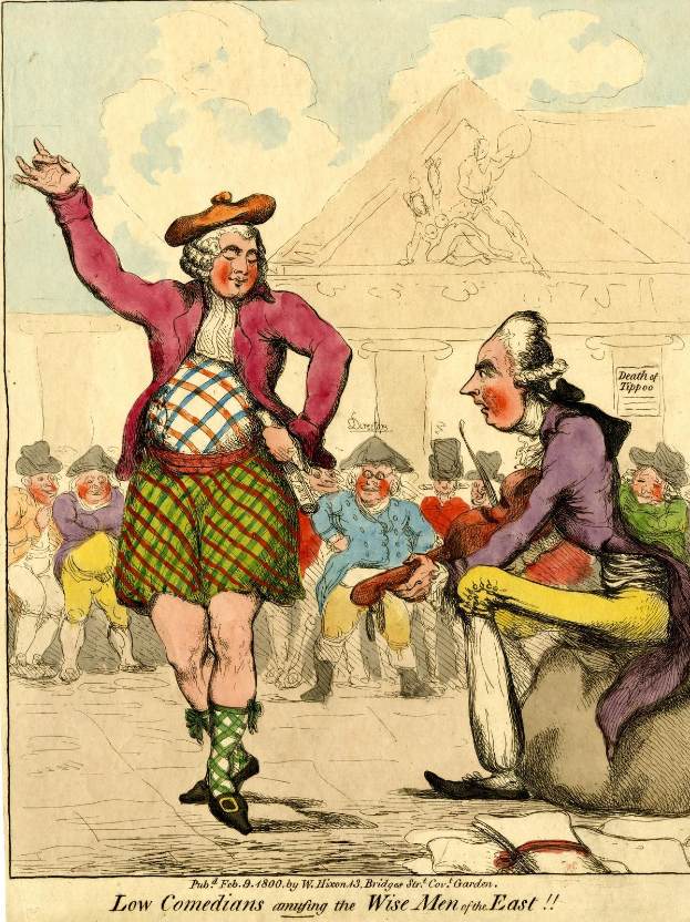 Cartoon eines Mannes in einem Kilt und einer Frau in einem Kleid, die vor einer Menge stehen, mit einem Gebäude und Wolken im Hintergrund und einem Text unten, der 'Niedrige Komiker, die die weisen Männer des Ostens unterhalten' lautet.