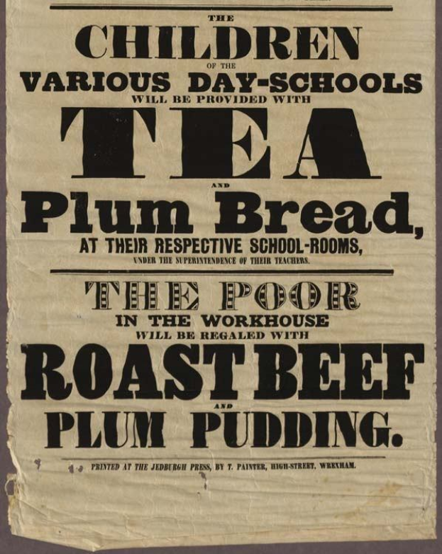 Ein Blatt mit Text, das ankündigt, dass Kinder aus verschiedenen Tagesschulen Tee, Pflaumenbrot, Roastbeef und Pflaumenpudding erhalten werden.