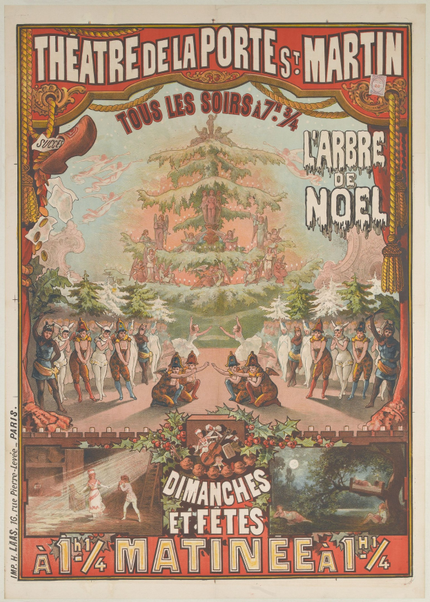 Plakat für das Theater de la Porte Saint-Martin mit einer Gruppe von Menschen vor einem Weihnachtsbaum und Text, der das Ereignis beschreibt.