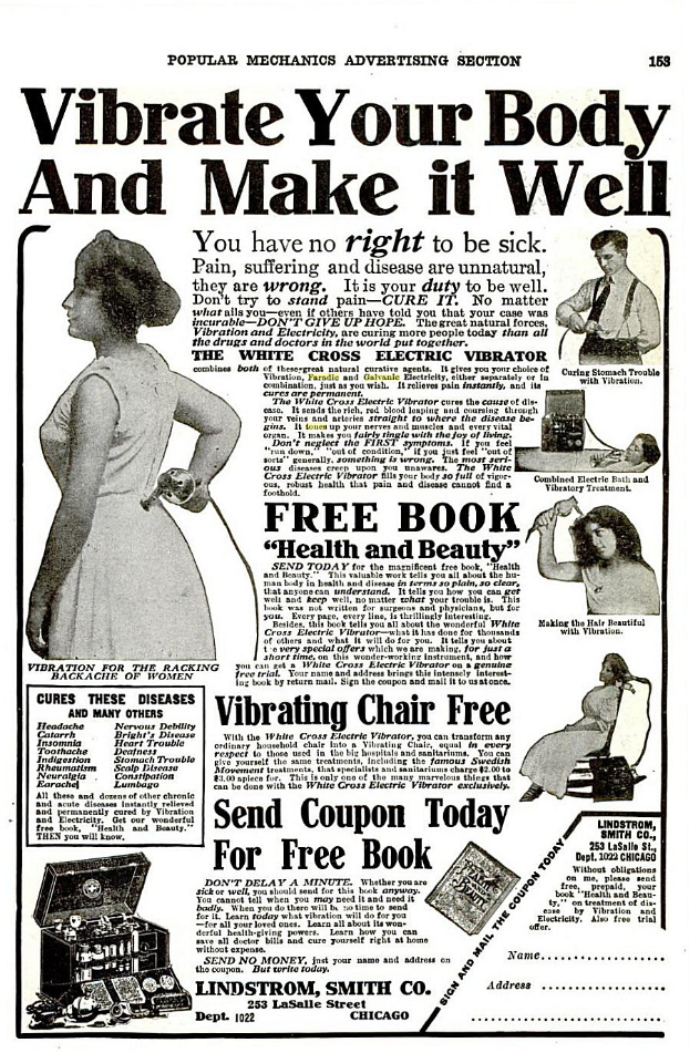 Ein Plakat zeigt eine Frau in einem weißen Kleid mit einem gemusterten Schultertuch, die Arme verschränkt und den Kopf hocherhoben, mit fetter schwarzer Schrift: 'Mach deinen Körper zum Vibrieren und bringe ihn in Form.'