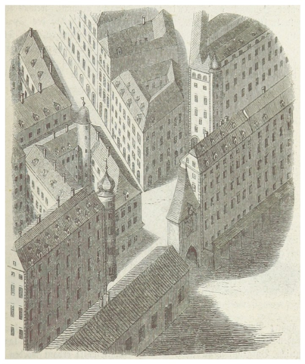 Alte Stadtansicht mit vielfältigen Architekturgebäuden und Text unten.