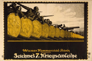 Deutsches Propagandaplakat aus dem Zweiten Weltkrieg, das Soldaten in Helmen mit Waffen zeigt und den Text "Wiener Kommmerzial Bank" unten trägt.