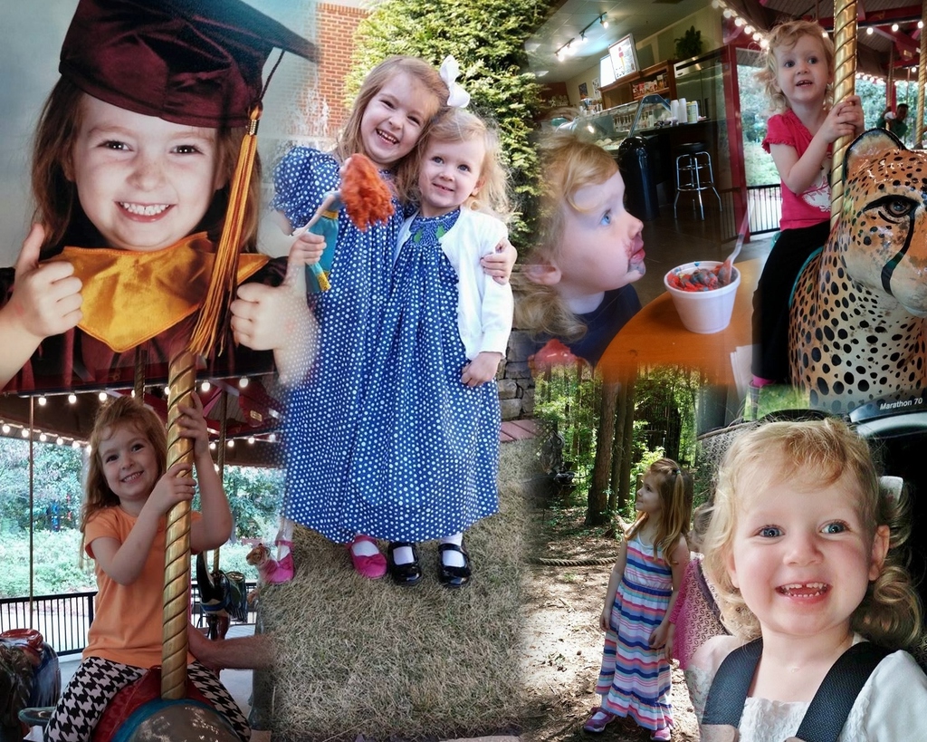 Ein Collage-Bild mit Vergnügungspark-Fahrgeschäften, einem Tisch mit Essensartikeln einschließlich einer Tasse und eines Löffels, verschiedenen Gegenständen, Lichtern, einer Wand, Büschen, Bäumen, Gras, einem Seil und einem Hut.