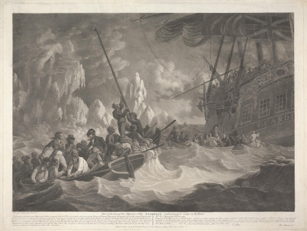 Schwarz-weißer Stich von einem Boot namens "Guardian" umgeben von Eisbergen und Menschen, mit der Bildunterschrift "Teil des Feuers des Majors Schiff, Guardian, 1839" unten.