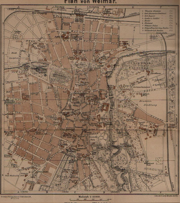 Detailierte alte Karte von Weimar, Deutschland, mit Straßen, Gebäuden und Sehenswürdigkeiten mit Text oben und unten.