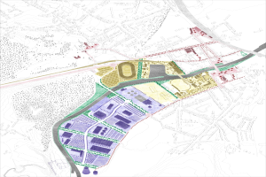 Eine Stadtkarte mit verschiedenen farbigen Bereichen, beschriftet mit "Vorgeschlagener Stadtplan für die neue Stadt London" oben und unten.