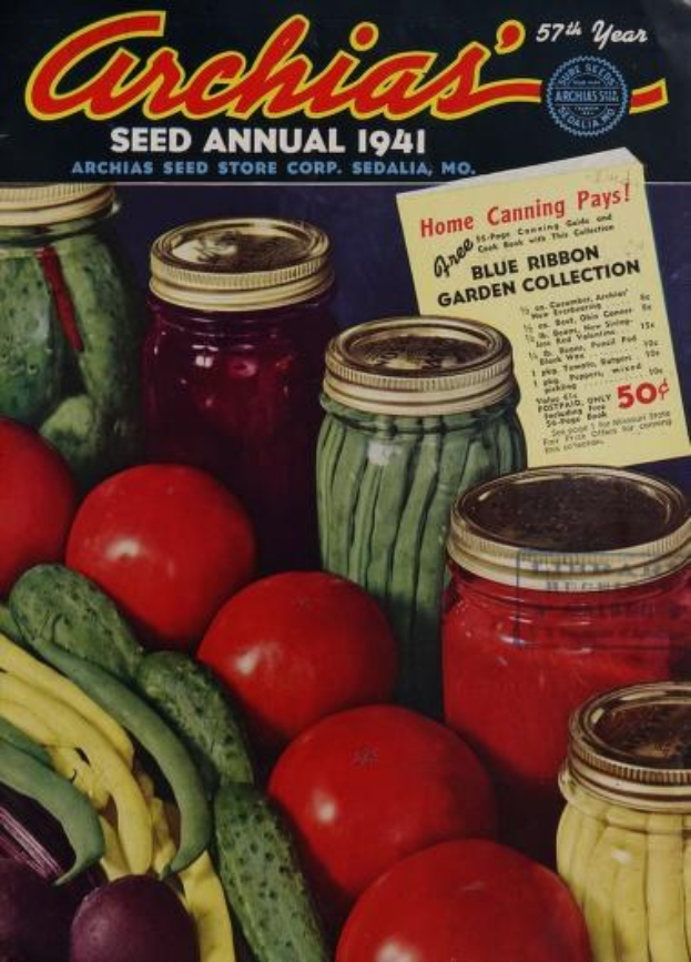 Ein Buch mit dem Titel "Archias Saatgut-Jahrbuch 1941", das ein Cover mit Tomaten, Gurken, Paprika und Gläser mit farbenfrohen Gemüsen zeigt.