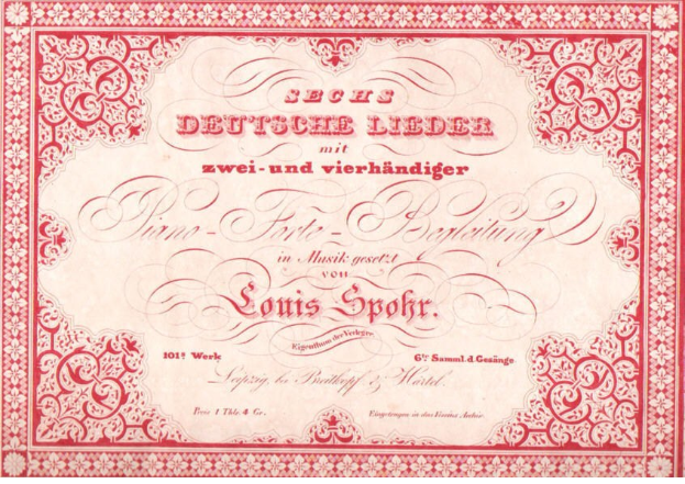 Altes deutsches Aktienzertifikat mit rotem Rand und wei├čem Hintergrund, betitelt mit "Louis Spohr - Zweites Deutsches Lieder".