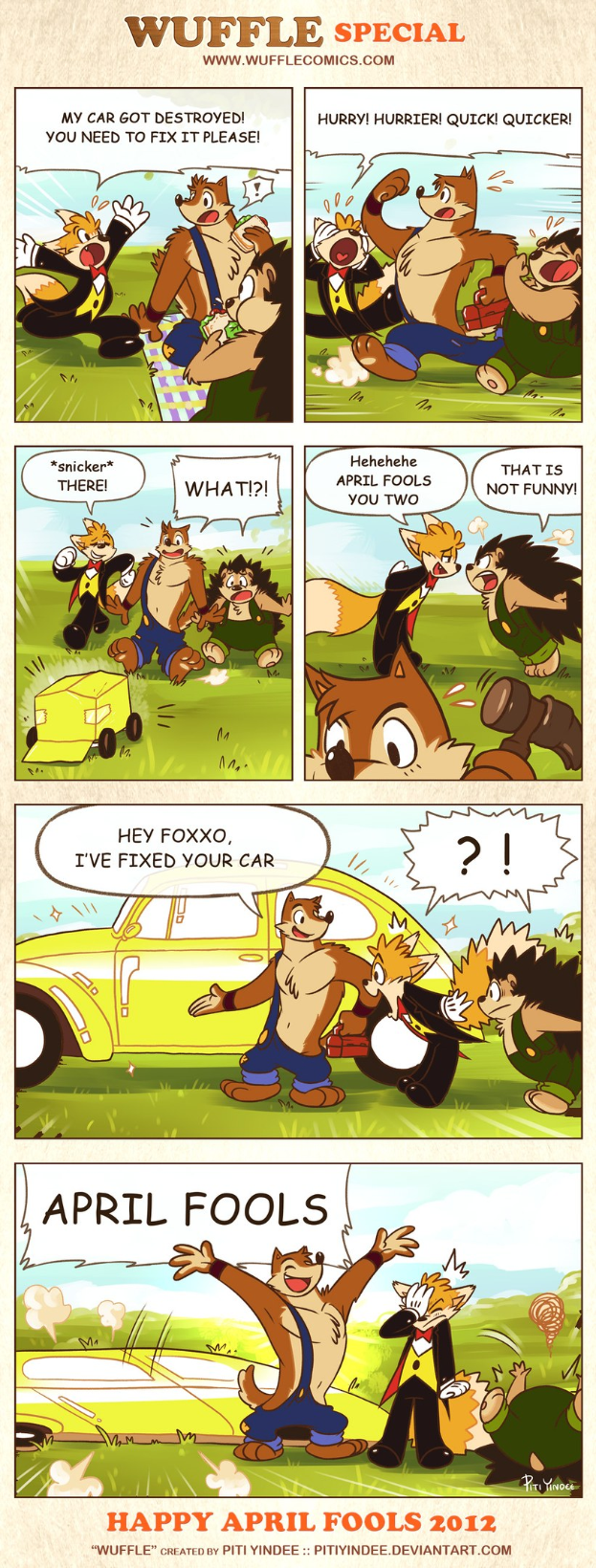 Comic-Strip-Plakat mit der Überschrift "April Fools", das einen Cartoon-Mann und -Frau in einem Gespräch vor einem hellblauen Himmel mit weißen Wolken zeigt, wobei der Mann mit den Händen gestikuliert.