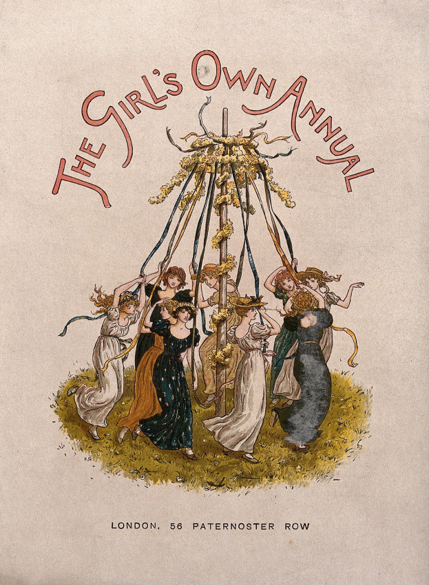 Illustration aus 'The Girl's Own Annual', die Menschen in bunten Kleidern beim Tanzen um einen geschmückten Maibaum zeigt.