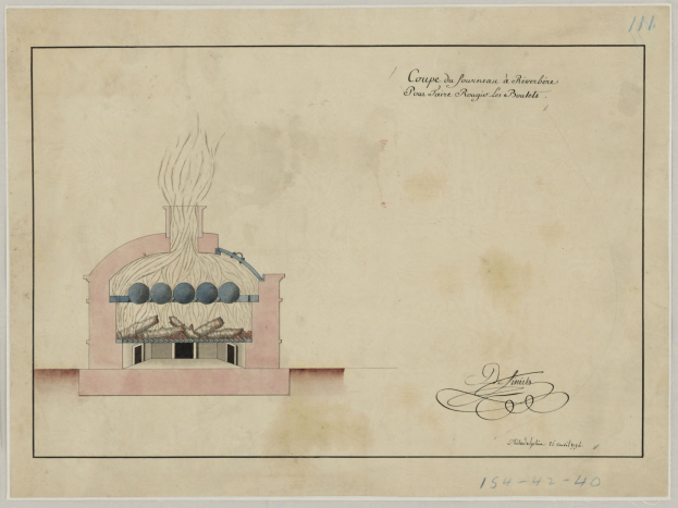 Eine Zeichnung eines rauchenden Gebäudes, wahrscheinlich ein Luftschutzbunker, auf Papier mit handgeschriebener Text.