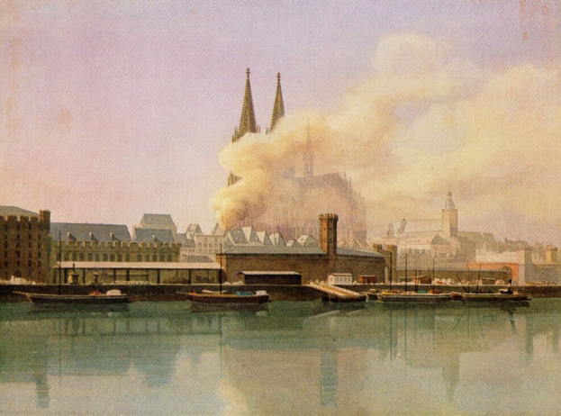 Gemälde einer kolonialen Stadtlandschaft mit Booten, Gebäuden, Rauch und Himmel, betitelt "Cologne, Germany in the 19th century" am unteren Rand.