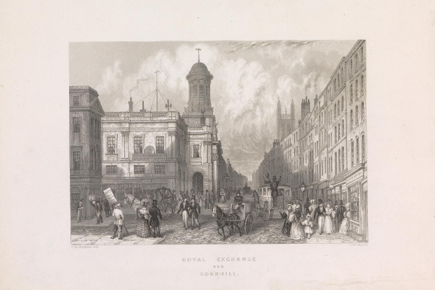 Eingravierung einer Stadtstraße mit Fußgängern, Pferdewagen, Gebäuden und einem Himmel, beschriftet mit "Royal Exchange und Cornhill" unten.