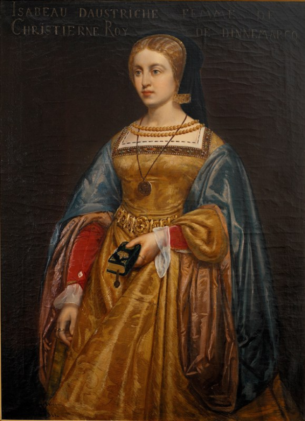 Gemälde von Isabella daustriche in einem goldenen Kleid mit detailreichem Schmuck, Haar zu einem Knoten gebunden, mit einem ernsten und königlichen Gesichtsausdruck von Christierne Roy.