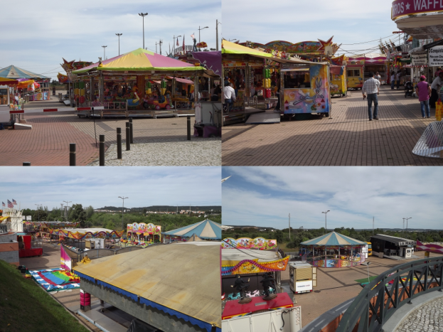 Eine farbenfrohe KarnevalsSzene mit verschiedenen Fahrgeschäften, Buden, Menschen, Pfählen, Lichtern und einem Baum- und Wolkenhimmel mit einem Wasserzeichen.
