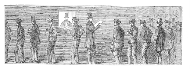 Schwarz-weißes Kupferstichbild von Menschen in einer Reihe, einer hält ein Papier mit einer Wahlkabine.