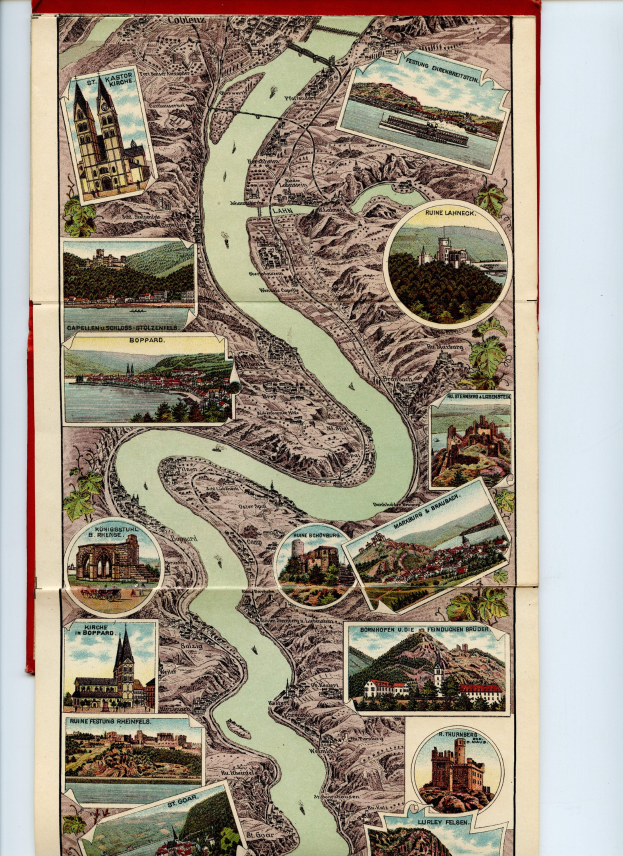 Ein altes Rhein-Kartenblatt aus Deutschland, umgeben von Illustrationen von Gebäuden, Bäumen und Wasser, in einem Foto-Rahmen dargestellt.