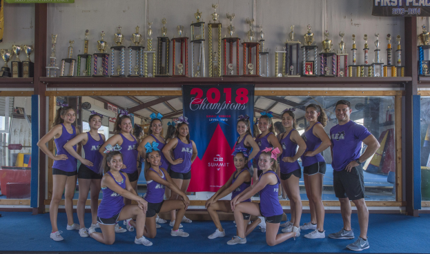Gruppe von Cheerleadern in lila T-Shirts und schwarzen Shorts, die vor einer Vitrine mit Trophäen posieren, im Hintergrund ein Banner mit der Aufschrift "2018 Summit Cheerleading Champions".