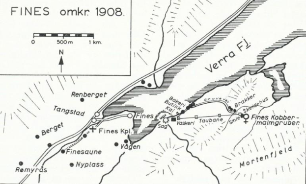 Schwarze und weiße Karte von Fines mit nummerierten Texten, die die Standorte der Stadt angeben.