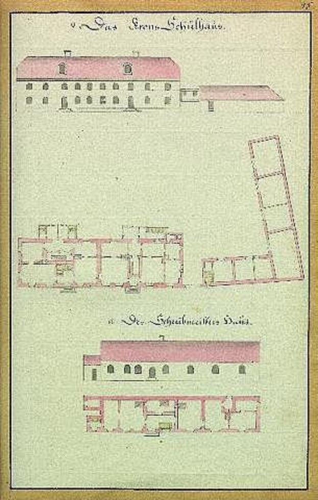 Eine handgezeichnete Skizze des Schloss Schilbau-Geföngnisses mit einem mehrfenstrigen Gebäude und einer Leiter auf Papier mit begleitendem Text.