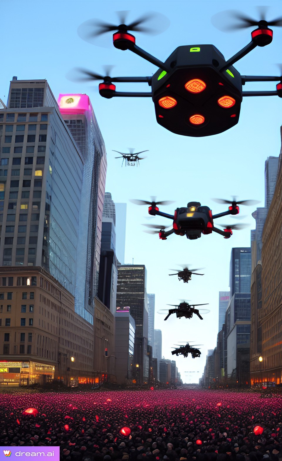 Eine Gruppe von Drohnen, die "uber einer Stadtstra{\ss}e mit Menschen darunter fliegen, vor dem Hintergrund von beleuchteten Geb"uden und dem Himmel.