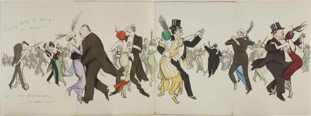 Offenes Buch mit einer bunten Illustration von Menschen, die unter einem hellblauen Himmel tanzen, betitelt "Les Vendredières de Magic City."