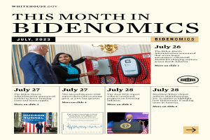 Ein Plakat mit dem Titel "This Month in Bidenomics July 2023", das Text, Bilder von Menschen und ein elektronisches Gerät zeigt.