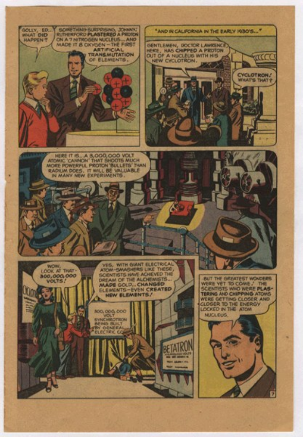 Eine Comic-Seite mit einem Mann in einem blauen Anzug, weissem Hemd und roter Krawatte mit einem ernsten Gesichtsausdruck, umgeben von einer Collage von Illustrationen und fetter schwarzer Schrift.