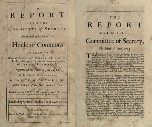 Offenes Buch mit dem Titel "Der Bericht des Geheimausschusses, ernannt durch Beschluss des House of Commons" mit einem Deckblatt, das likely verwandte Dokumente enthält.