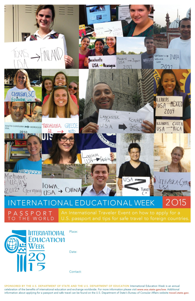 Internationaler Bildungswoche 2015 Plakat, das eine Gruppe von strahlenden Menschen zeigt, die Schilder mit veranstaltungsbezogenen Texten halten.