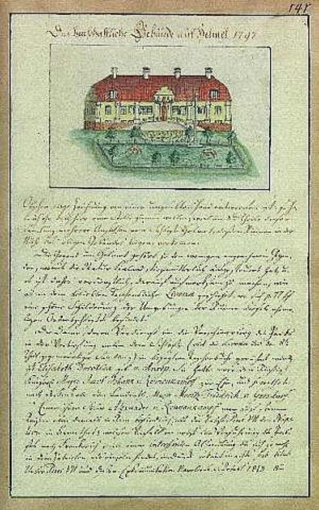 Altes Dokument aus 1797 mit einer detaillierten Zeichnung eines weißen Hauses mit rotem Dach, signiert von der Schleswig-Holstein-Schule Delmar in Deutschland.