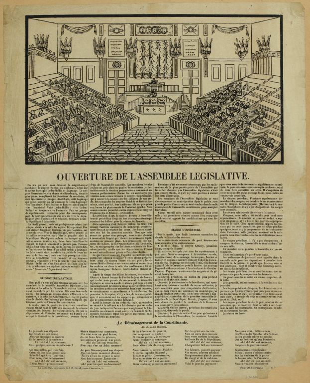 Schwarz-weiß-Illustration eines mit Sitzplätzen gefüllten Gesetzgebenden Saals mit begleitendem Text aus einer alten Zeitung.