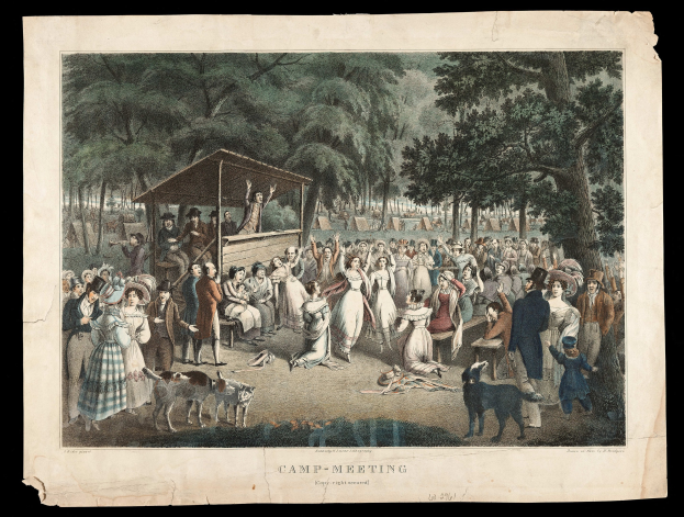 Eine Gruppe von Menschen versammelt sich in einem Park, einige sitzen und einige stehen, mit Bäumen im Hintergrund und einer Hütte im Vordergrund; der Text "Camp Meeting" erscheint unten.