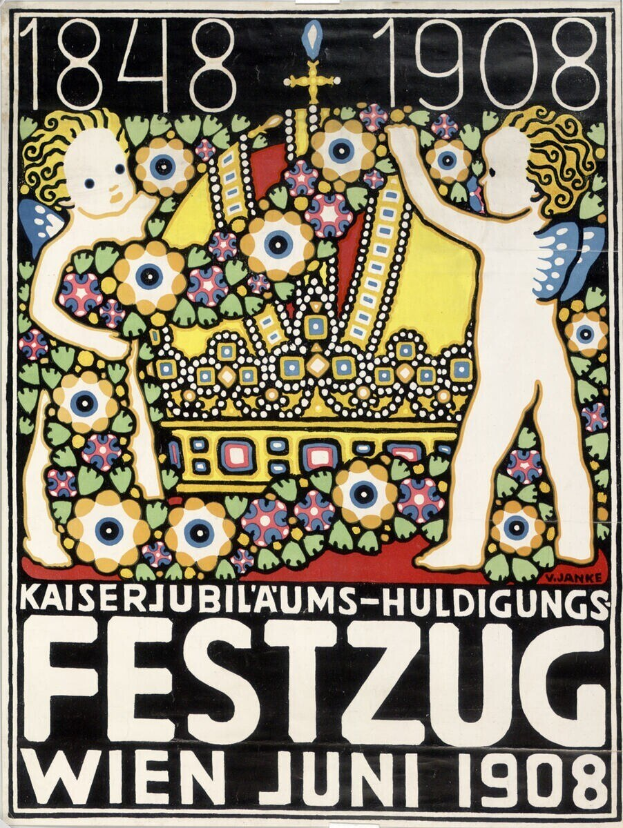 Plakat für ein Wiener Festival mit einem Bild von zwei Kindern, die eng nebeneinander stehen, mit Text darunter.