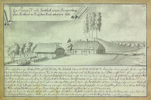 Ein verblichenes Dokument mit der überschrift "Surgensburg, Deutschland - Landschaft eines Hofs" zeigt eine ländliche Szene mit einem zentralen Hof, umgeben von Häusern, Bäumen und einem Himmel.
