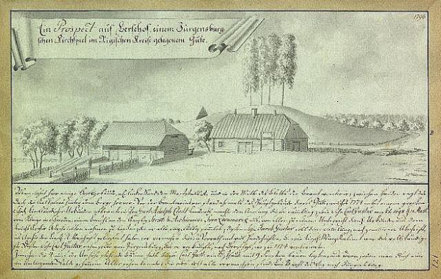 Ein verblichenes Dokument mit der überschrift "Surgensburg, Deutschland - Landschaft eines Hofs" zeigt eine ländliche Szene mit einem zentralen Hof, umgeben von Häusern, Bäumen und einem Himmel.
