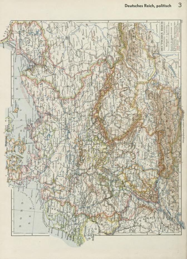 Eine Karte von Deutschland aus dem 19. Jahrhundert, die die politischen Grenzen zeigt, auf altem Papier mit Text oben und unten gedruckt.