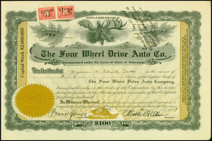 Ein gerahmtes Aktienzertifikat der Four Wheel Drive Auto Co. mit Text, Zahlen und verschiedenen Stempeln sowie einem goldenen Siegel in der Mitte.
